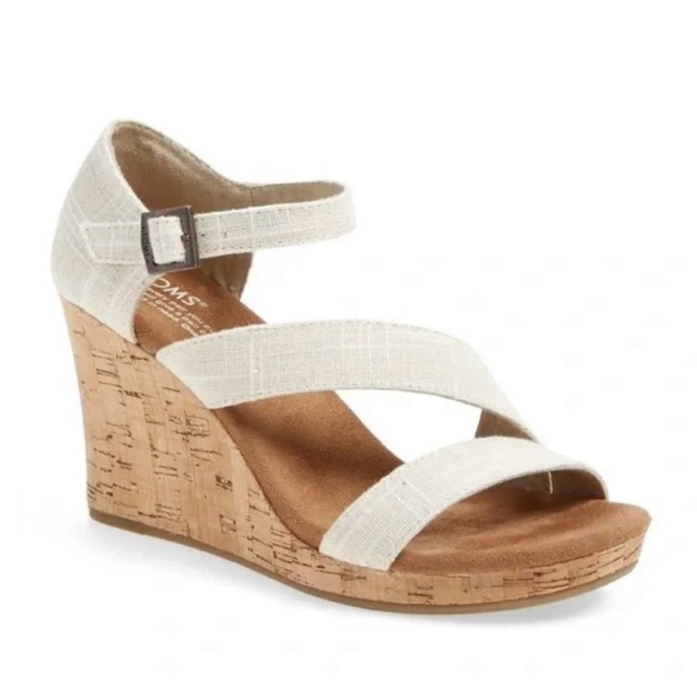 Toms Cream Canvas Cork Wedge Sandals with Ankle Strap Size 9